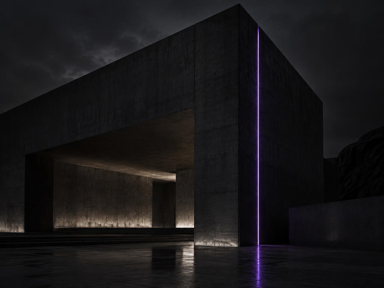 Dark monolithic concrete building at night with a single violet light line